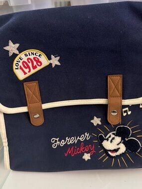 Navy "Forever Mickey" Canvas Messenger Bag with Brown Accents